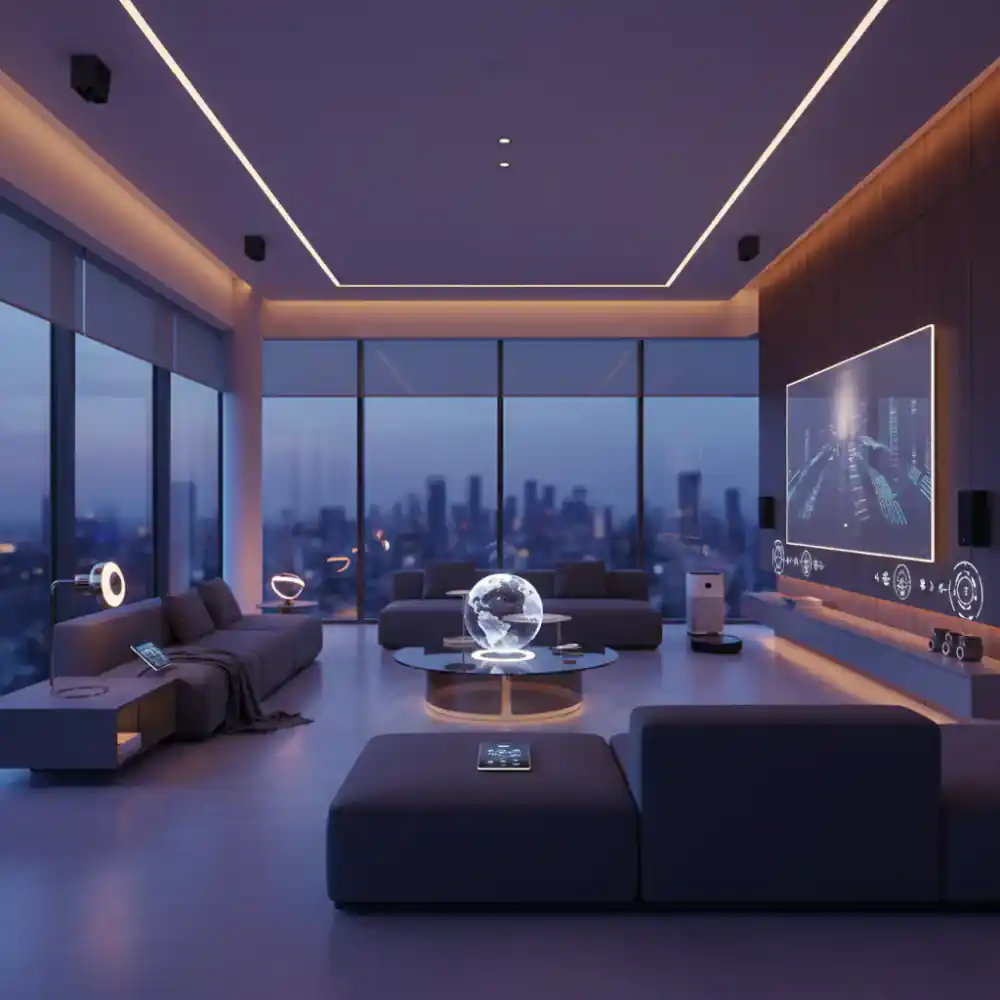 Modern smart home interior with ambient lighting