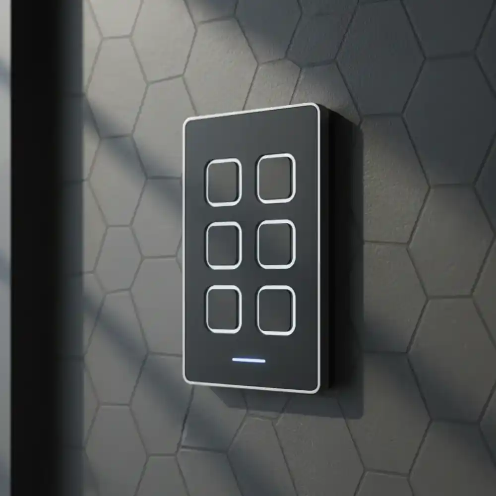 Elegant backlit custom smart keypad mounted on a modern textured wall