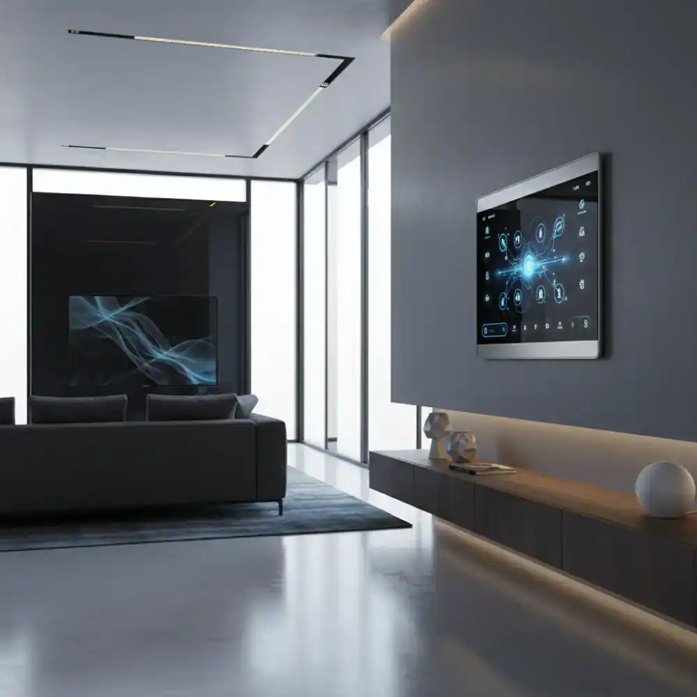 Modern smart home interior featuring an advanced wall-mounted control panel