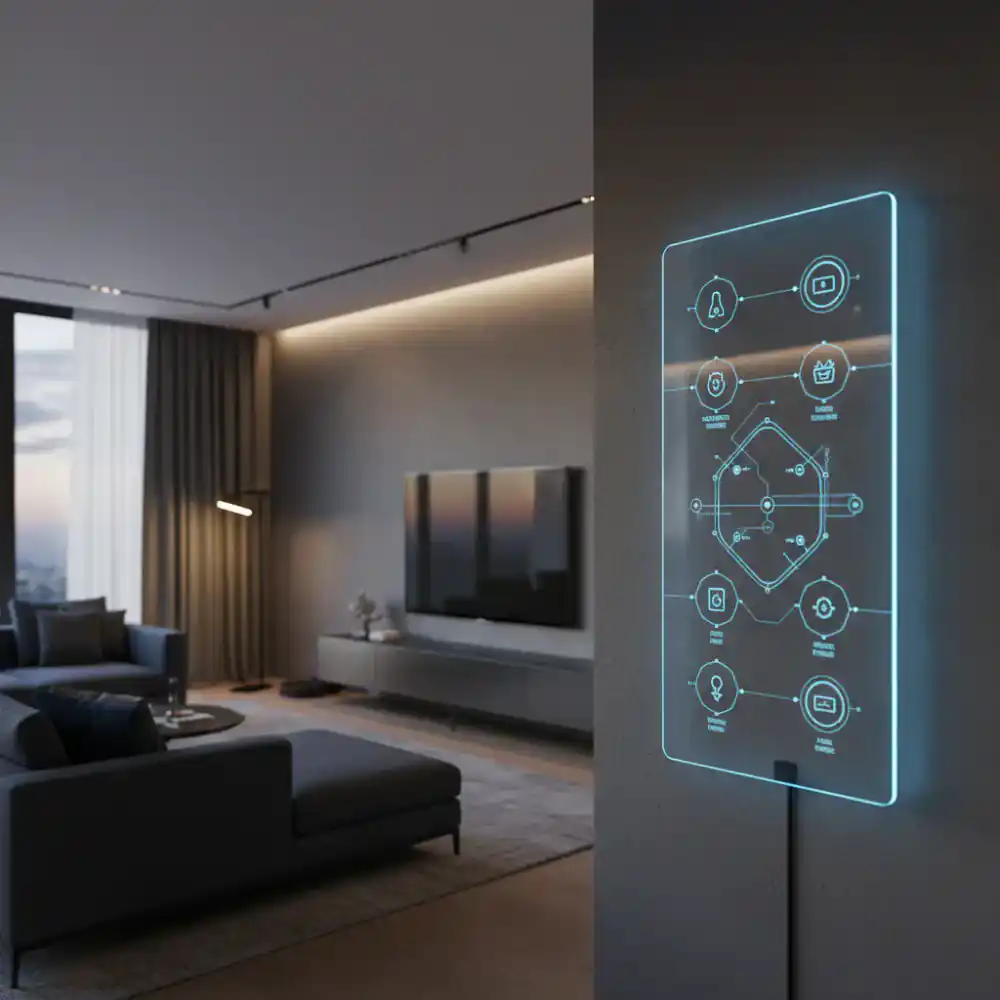 Modern smart home interior with illuminated wall control panel