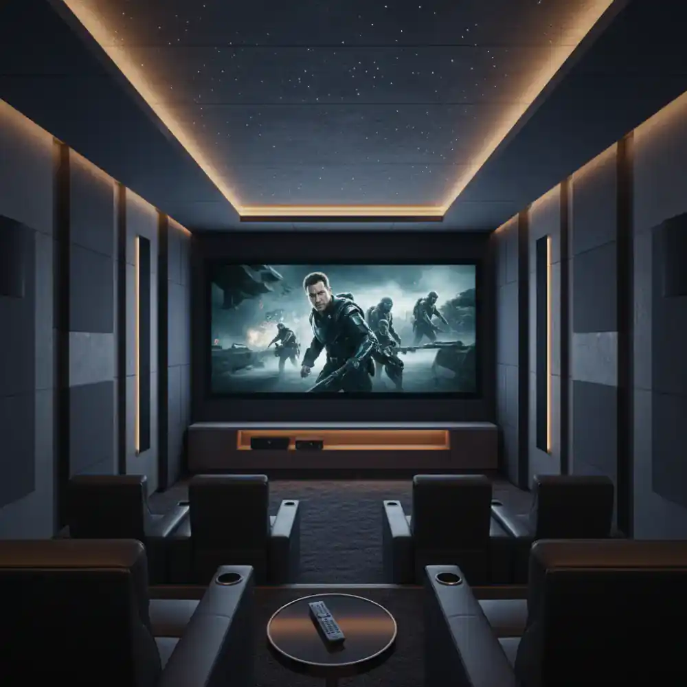 Luxury home cinema room with concealed speakers and large projection screen