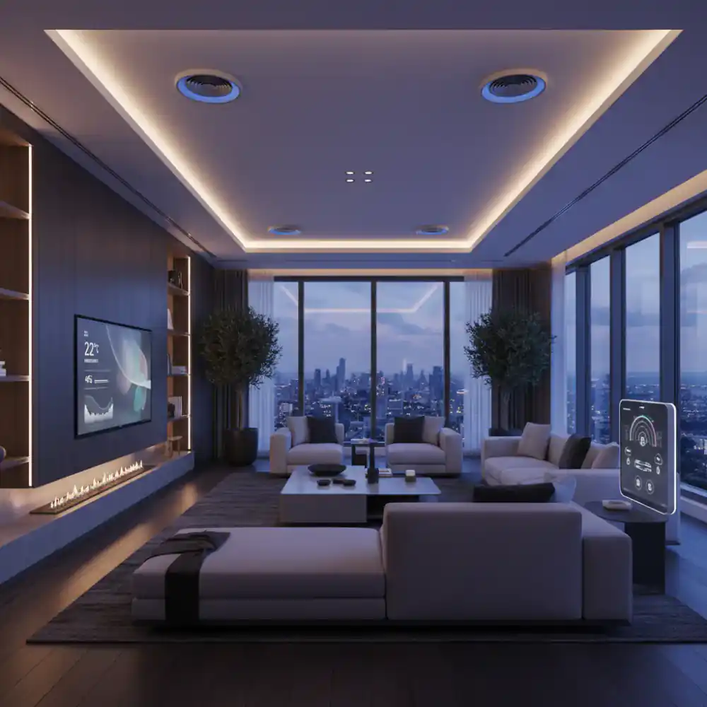 Elegant living room with automated ambient lighting and climate controls